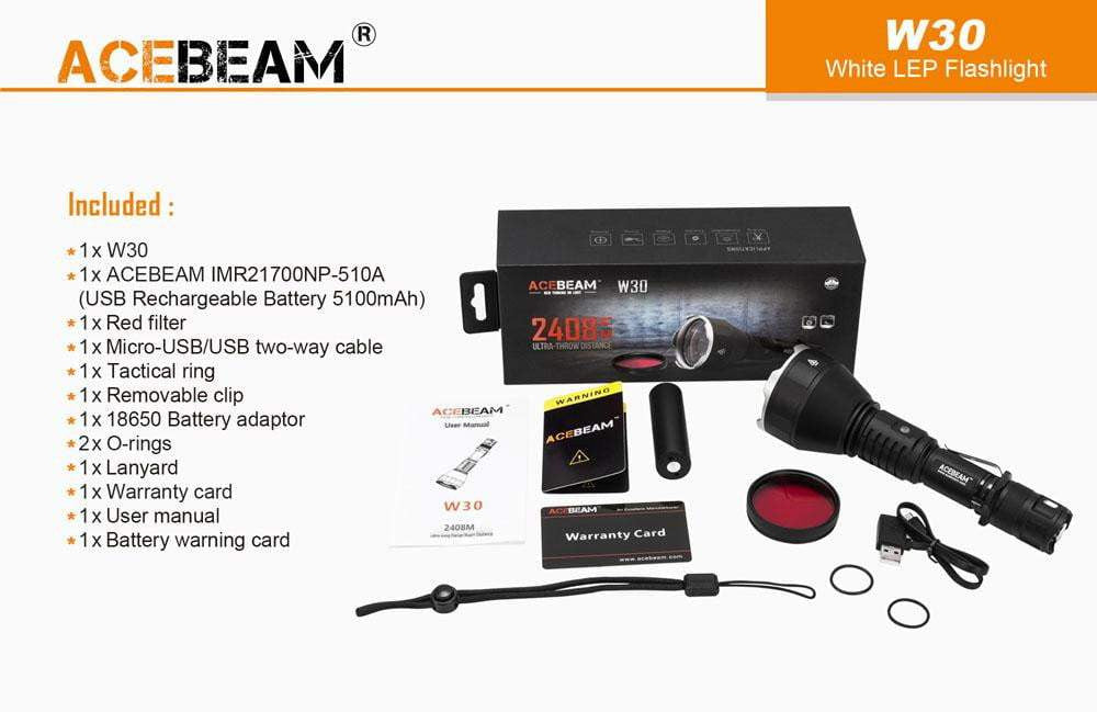 DISCONTINUED - Acebeam W30 - 2400 METRE THROW - Tactical & 100 Metre Diving Light - True Talon