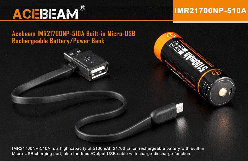 ** BACK IN STOCK ** ACEBEAM IMR 21700 with USB Port - 5100 mAh Lithium Battery - Doubles as a Power Bank - True Talon