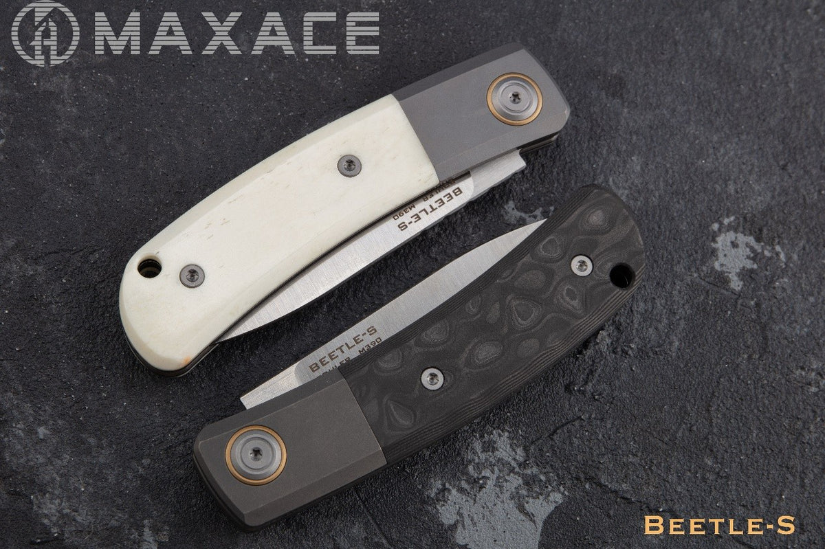 # ** ALMOST GONE ** MAXACE BEETLE S - M390 BLADE - CARBON FIBER OR BONE INLAYS - SLIP JOINT - WITH FREE LEATHER SLIP CASE