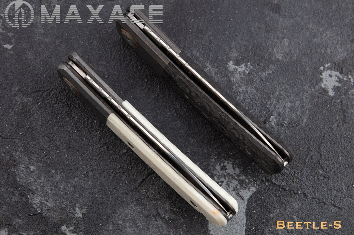 # ** ALMOST GONE ** MAXACE BEETLE S - M390 BLADE - CARBON FIBER OR BONE INLAYS - SLIP JOINT - WITH FREE LEATHER SLIP CASE
