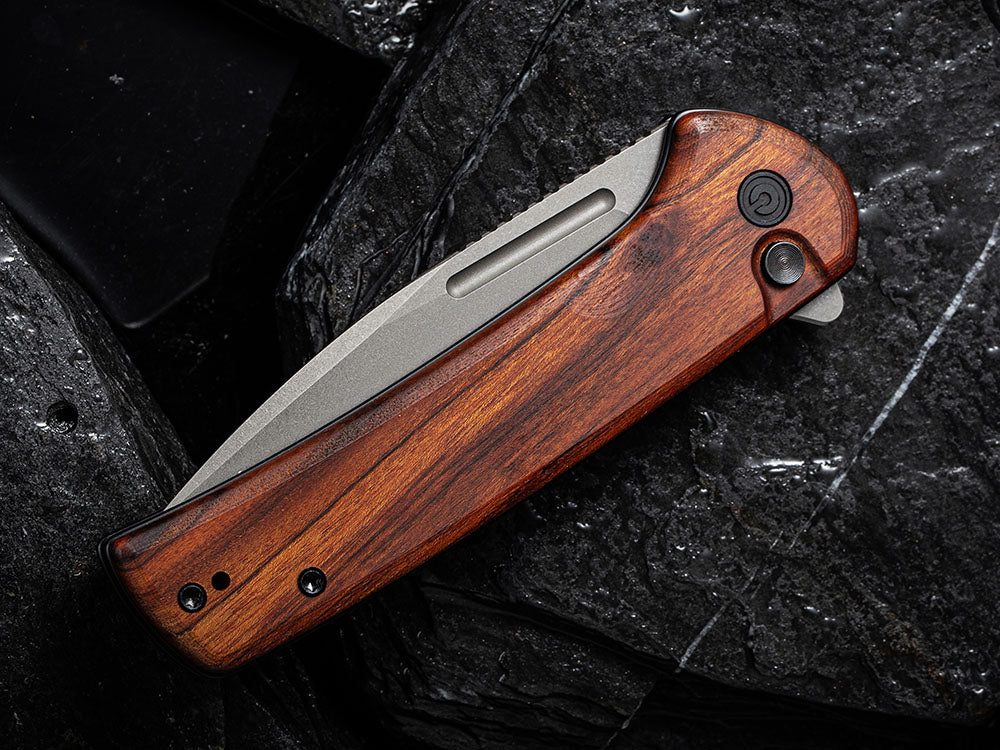 ** BACK AGAIN ** CIVIVI - C21006 CONSPIRATOR - NITRO V Blade - MICARTA OR CUI WOOD HANDLE - FLIPPER AND BUTTON LOCK COMBO