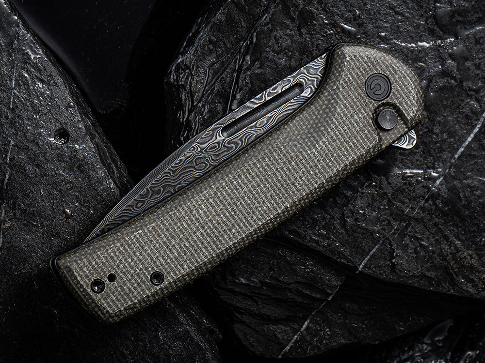 ** BACK AGAIN ** CIVIVI - C21006 CONSPIRATOR - NITRO V Blade - MICARTA OR CUI WOOD HANDLE - FLIPPER AND BUTTON LOCK COMBO