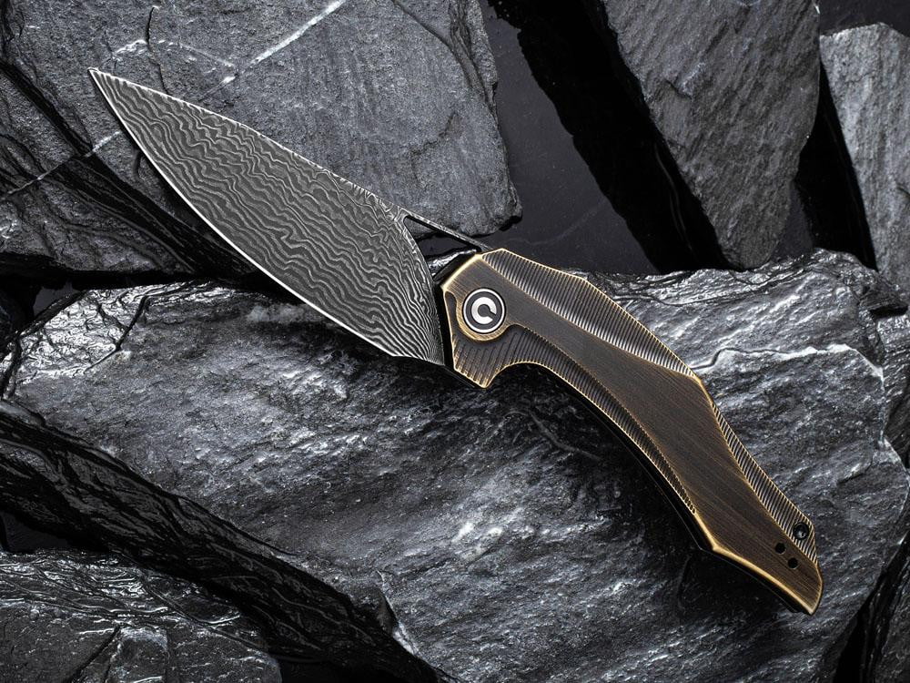 ** BACK AGAIN ** CIVIVI - C904DS-3 PLETHIROS - Black Damascus Blade - Black Hand Rubbed Brass Handle - True Talon