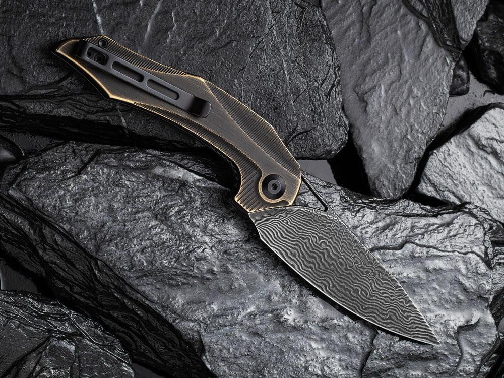 ** BACK AGAIN ** CIVIVI - C904DS-3 PLETHIROS - Black Damascus Blade - Black Hand Rubbed Brass Handle - True Talon