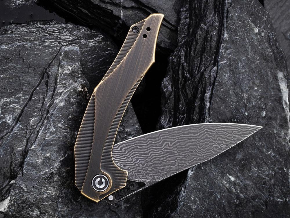 ** BACK AGAIN ** CIVIVI - C904DS-3 PLETHIROS - Black Damascus Blade - Black Hand Rubbed Brass Handle - True Talon