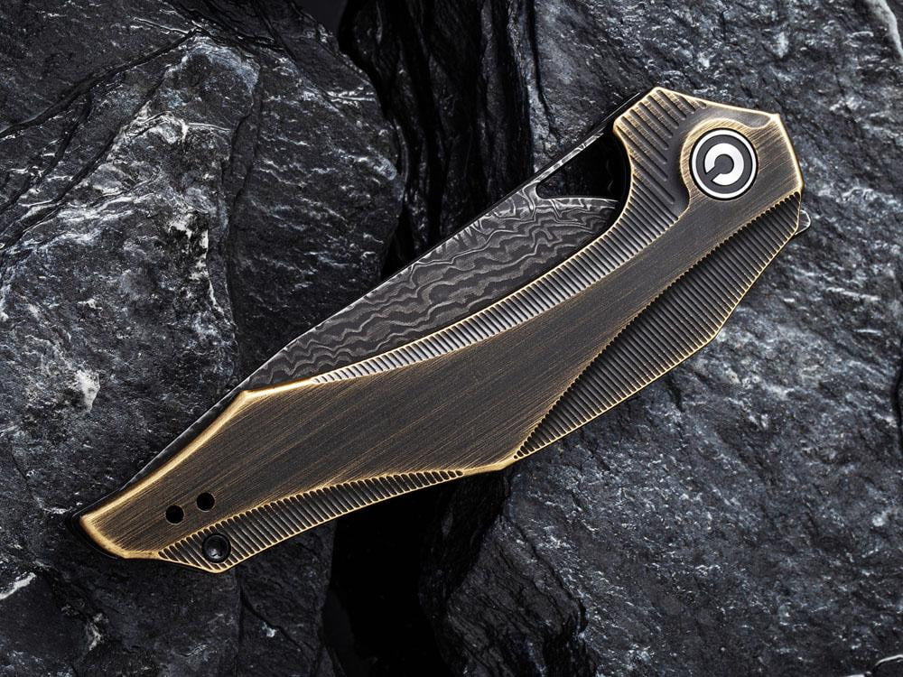 ** BACK AGAIN ** CIVIVI - C904DS-3 PLETHIROS - Black Damascus Blade - Black Hand Rubbed Brass Handle - True Talon