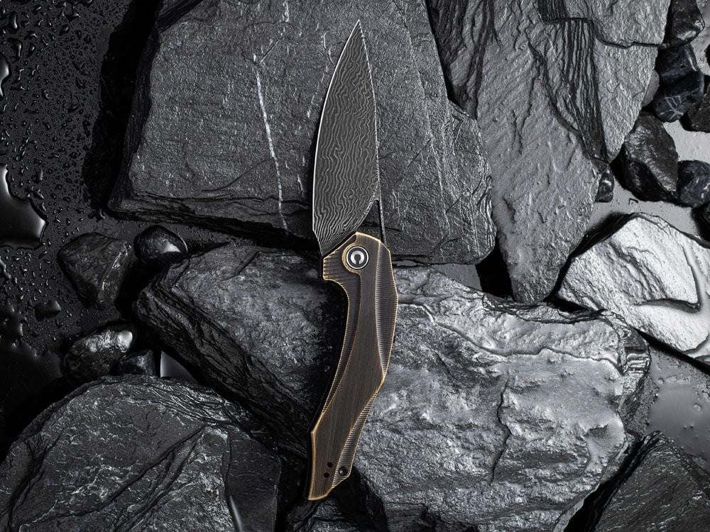 ** BACK AGAIN ** CIVIVI - C904DS-3 PLETHIROS - Black Damascus Blade - Black Hand Rubbed Brass Handle - True Talon