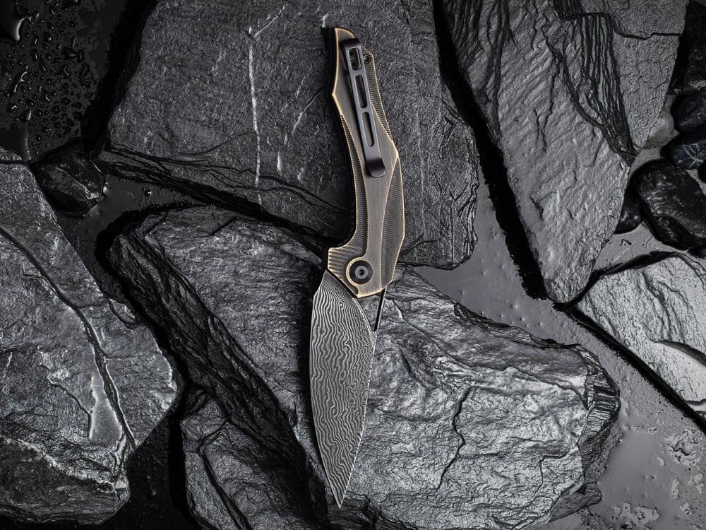 ** BACK AGAIN ** CIVIVI - C904DS-3 PLETHIROS - Black Damascus Blade - Black Hand Rubbed Brass Handle - True Talon