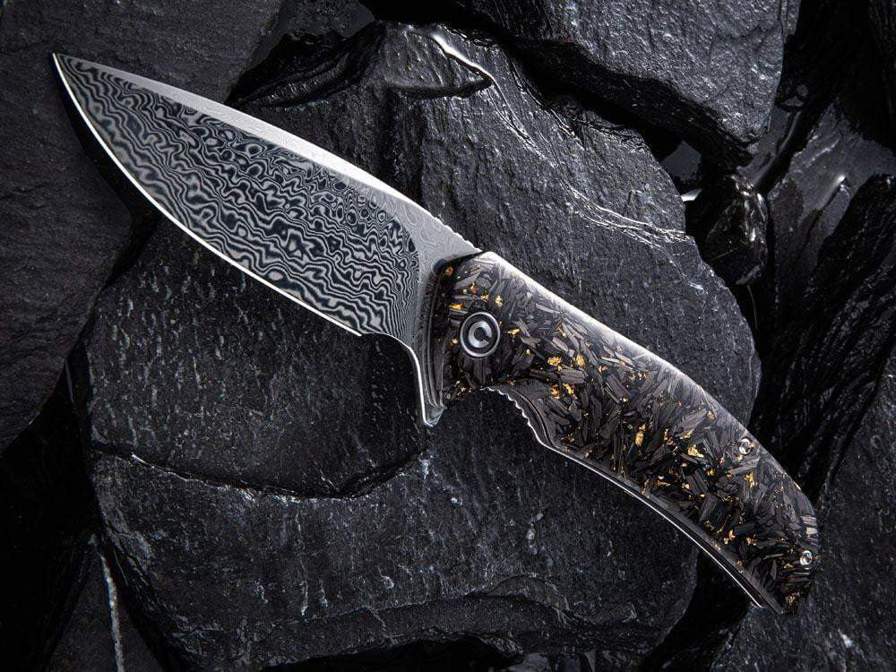 ** HERE NOW ** CIVIVI - C908DS INCITE DAMASCUS BLADE - Shredded Gold or Copper Leaf & Carbon Fiber Handle - True Talon