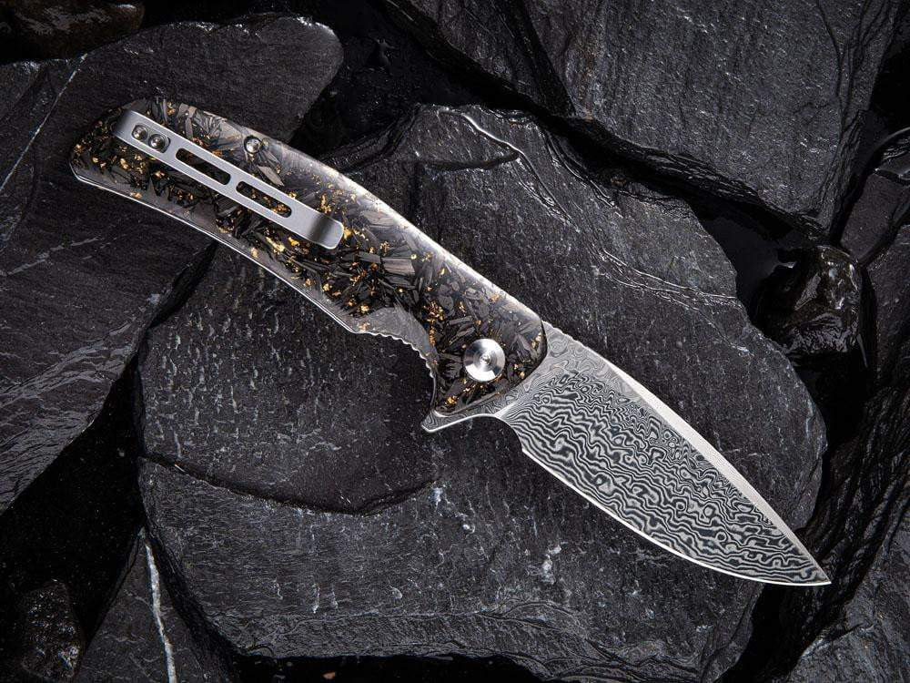 ** HERE NOW ** CIVIVI - C908DS INCITE DAMASCUS BLADE - Shredded Gold or Copper Leaf & Carbon Fiber Handle - True Talon