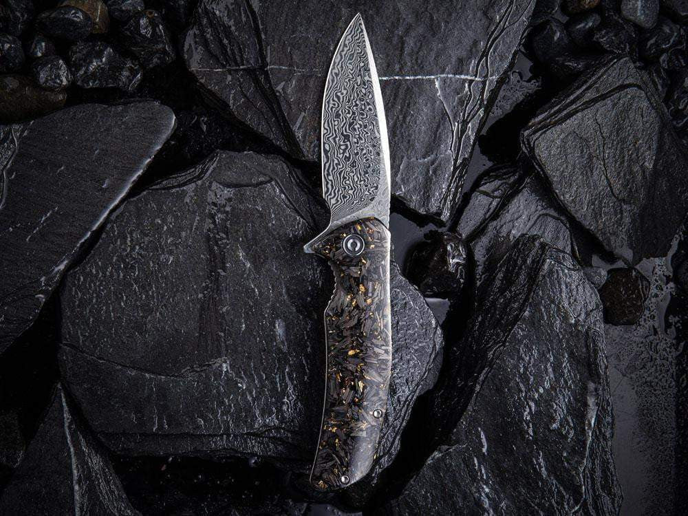 ** HERE NOW ** CIVIVI - C908DS INCITE DAMASCUS BLADE - Shredded Gold or Copper Leaf & Carbon Fiber Handle - True Talon