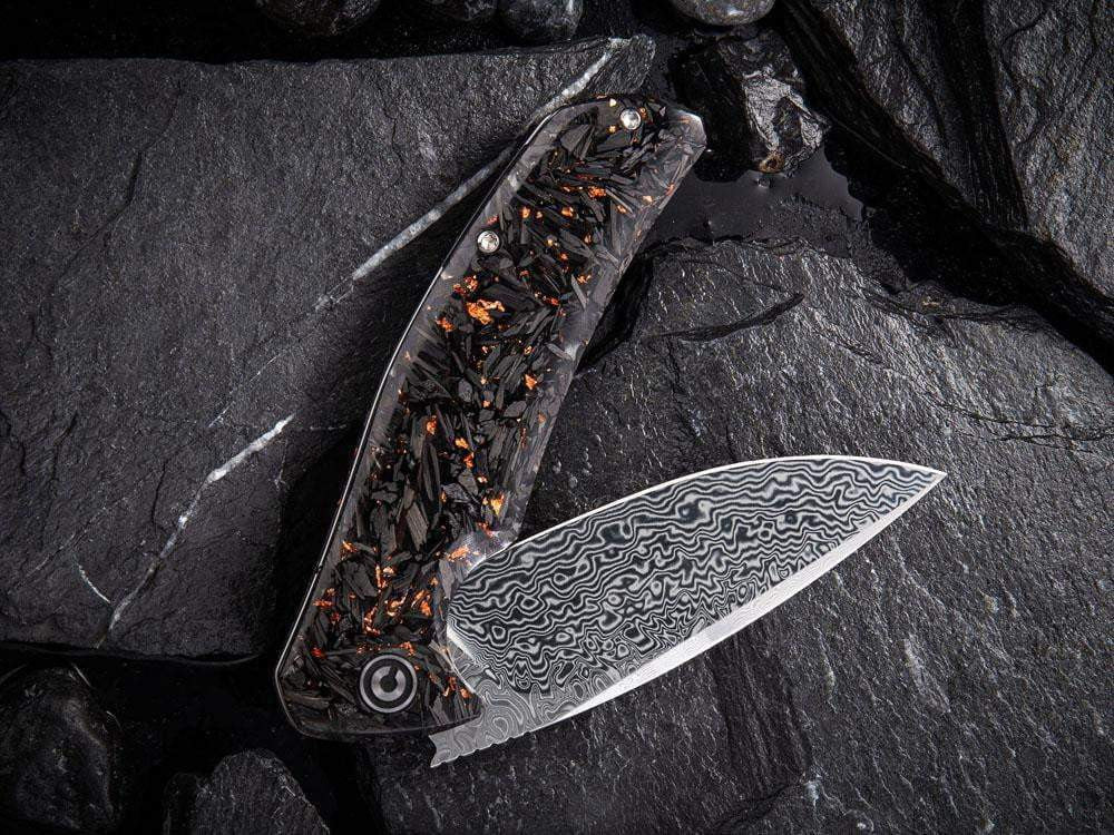 ** HERE NOW ** CIVIVI - C908DS INCITE DAMASCUS BLADE - Shredded Gold or Copper Leaf & Carbon Fiber Handle - True Talon