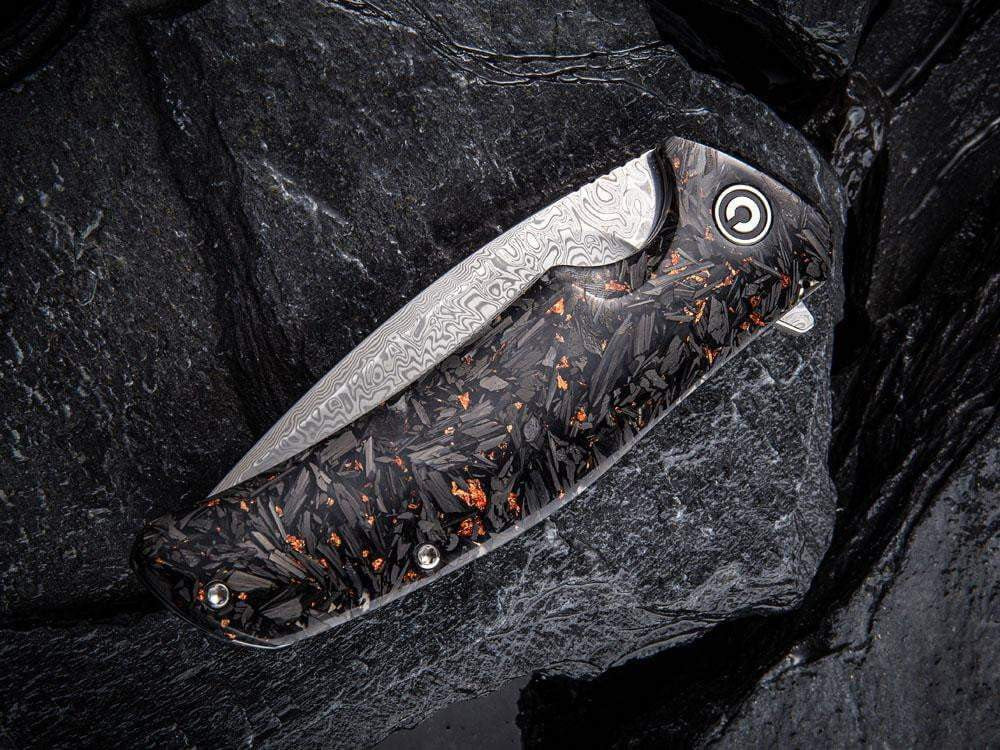 ** HERE NOW ** CIVIVI - C908DS INCITE DAMASCUS BLADE - Shredded Gold or Copper Leaf & Carbon Fiber Handle - True Talon