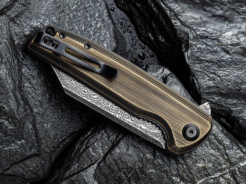 CIVIVI - C909DS-2 BRIGAND - BLACK DAMASCUS BLADE - BLACK HAND RUBBED BRASS HANDLE - True Talon