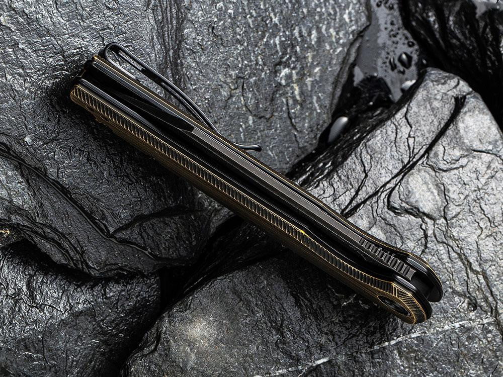 CIVIVI - C909DS-2 BRIGAND - BLACK DAMASCUS BLADE - BLACK HAND RUBBED BRASS HANDLE - True Talon