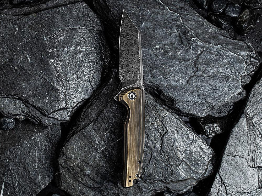 CIVIVI - C909DS-2 BRIGAND - BLACK DAMASCUS BLADE - BLACK HAND RUBBED BRASS HANDLE - True Talon