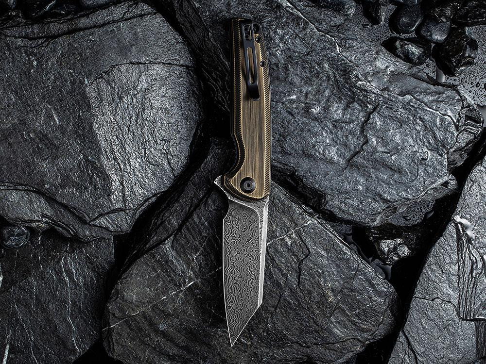 CIVIVI - C909DS-2 BRIGAND - BLACK DAMASCUS BLADE - BLACK HAND RUBBED BRASS HANDLE - True Talon