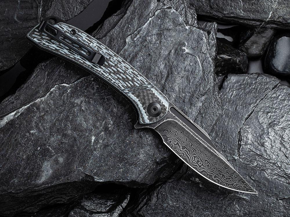 ** HERE NOW ** CIVIVI - C2014DS-1 Dogma -BLACK DAMASCUS blade - WHITE G10 & CARBON FIBER HANDLE - True Talon