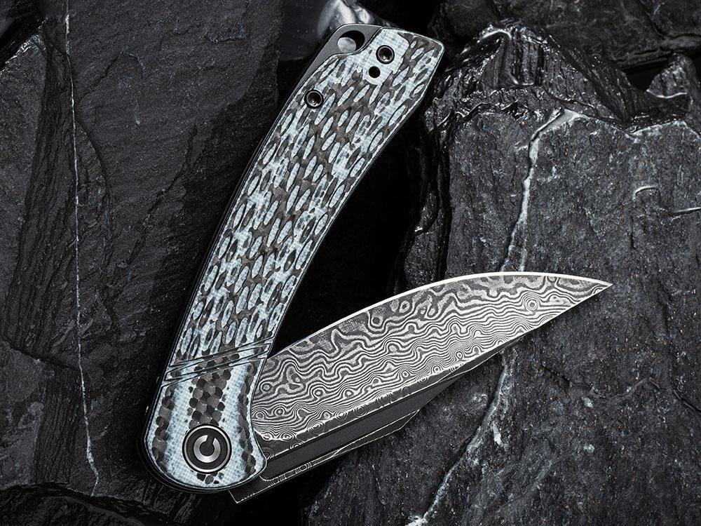 ** HERE NOW ** CIVIVI - C2014DS-1 Dogma -BLACK DAMASCUS blade - WHITE G10 & CARBON FIBER HANDLE - True Talon