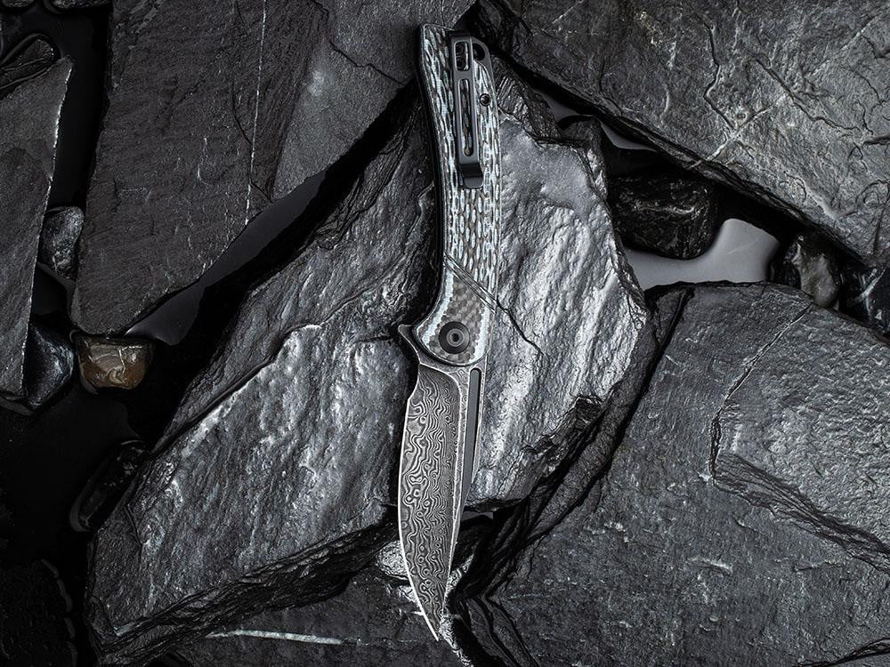 ** HERE NOW ** CIVIVI - C2014DS-1 Dogma -BLACK DAMASCUS blade - WHITE G10 & CARBON FIBER HANDLE - True Talon