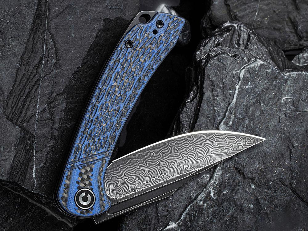 ** HERE NOW ** CIVIVI - C2014DS-2 Dogma - BLACK DAMASCUS blade - BLUE G10 & CARBON FIBER HANDLE - True Talon