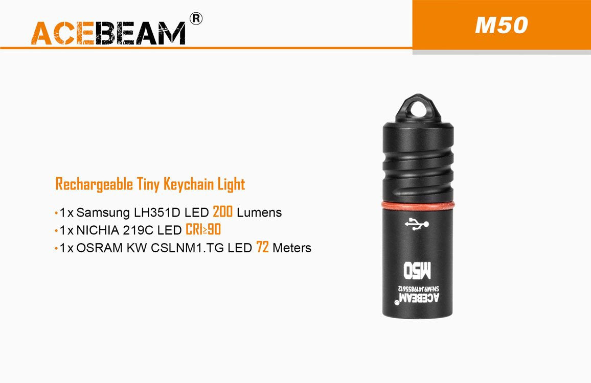 ** 200 LUMENS - PERFECT GIFT OR EDC ** Acebeam M50 - USB Rechargable Key Ring Light - True Talon