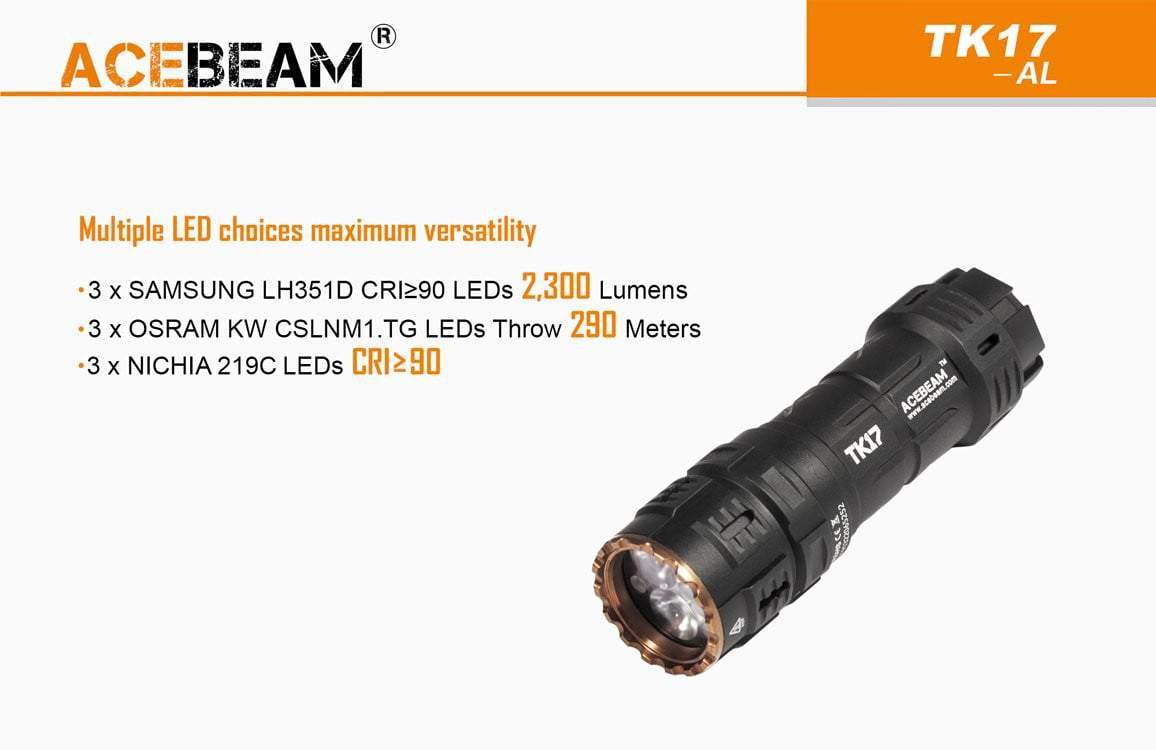** 2300 Lumens ** Acebeam TK17 - Only 83mm long - Gold plated switch and clip - True Talon