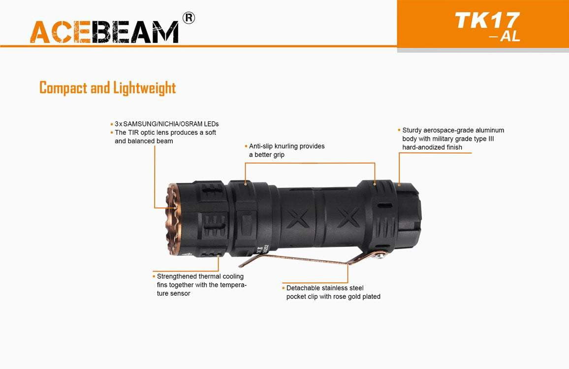 ** 2300 Lumens ** Acebeam TK17 - Only 83mm long - Gold plated switch and clip - True Talon
