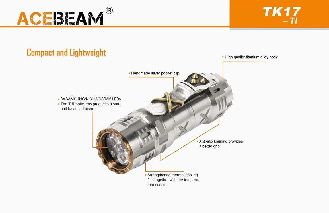 ** UNDER COST PRICE FLASH SALE ** Acebeam TK17 TITANIUM - LIMITED EDITION WITH CUSTOM SILVER CLIP - 2300 LUMEMS - True Talon