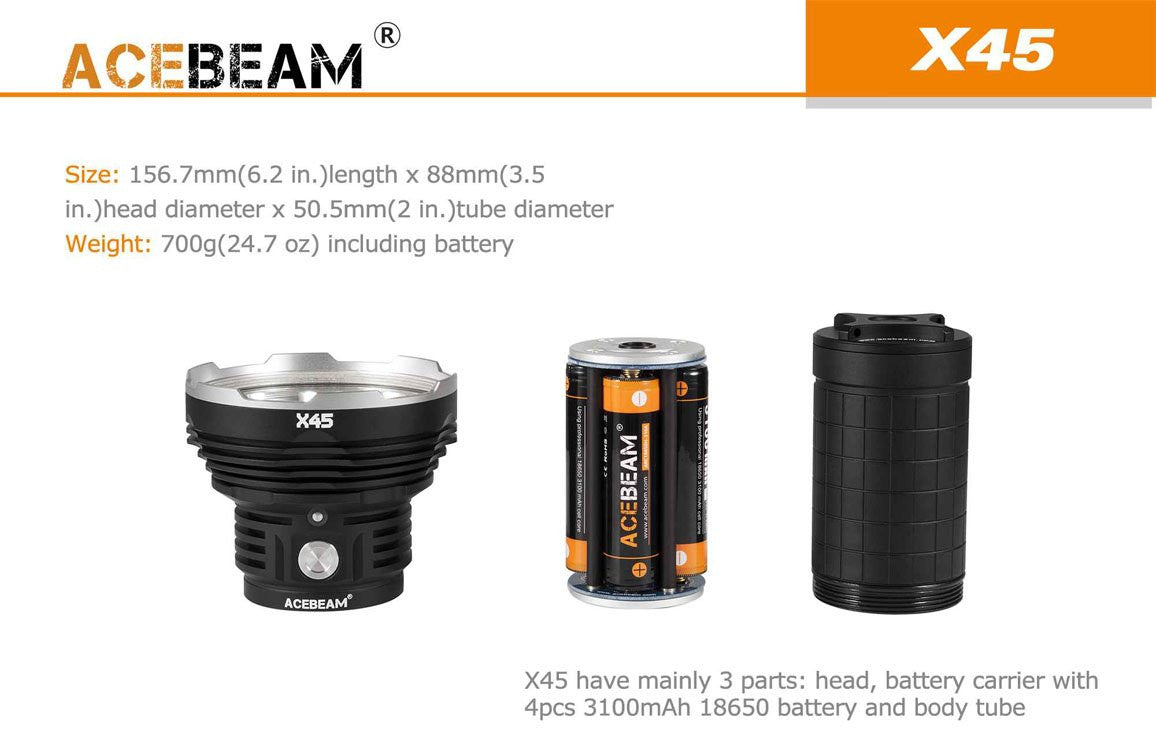 Acebeam X45 - 18,000 Lumens - inc. batteries - True Talon