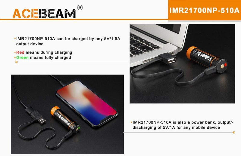 Batterie rechargeable li-ion 21700 ACEBEAM 5100 mAh haute intensité.